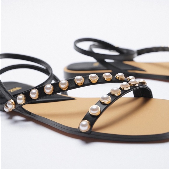 ZARA Flat Sandals with Pearl Straps